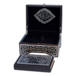 Black, Silver Colour Plated Quran With Chest and Holder (Bag Size) - Thumbnail