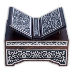 Black, Silver Colour Plated Quran With Chest and Holder (Bag Size) - Thumbnail