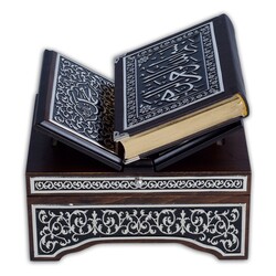 Black, Silver Colour Plated Quran With Chest and Holder (Medium Size) - Thumbnail