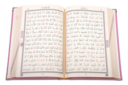 Medium Size Velvet Bound Qur'an Al-Kareem (Powder Pink, Rose Figured, Stamped) - Thumbnail