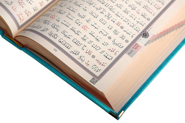 Medium Size Velvet Bound Qur'an Al-Kareem (Turquoise, Rose Figured, Gilded, Stamped)