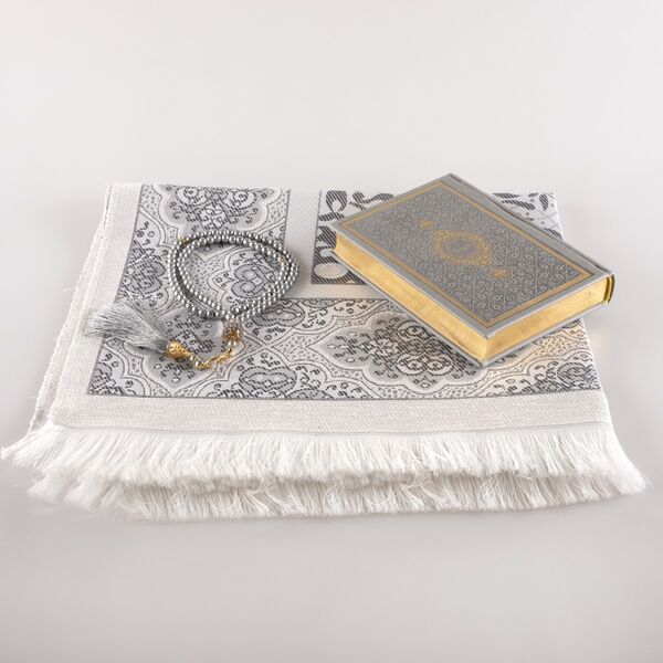 Prayer Mat + Salah Beads + Quran Gift Set (Bag Size, Grey)