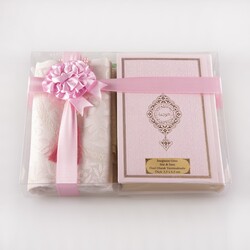 Prayer Mat + Salah Beads + Quran Gift Set (Bag Size, Powder Pink) - Thumbnail