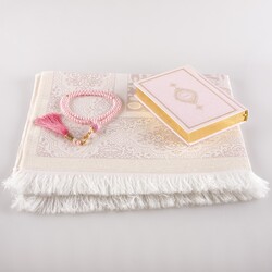 Prayer Mat + Salah Beads + Quran Gift Set (Bag Size, Powder Pink) - Thumbnail