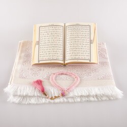 Prayer Mat + Salah Beads + Quran Gift Set (Bag Size, Powder Pink) - Thumbnail