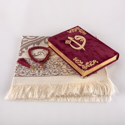 Prayer Mat + Salah Beads + Quran Gift Set (Medium Size, Velvet, Dark Maroon) - Thumbnail