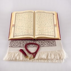 Prayer Mat + Salah Beads + Quran Gift Set (Medium Size, Velvet, Dark Maroon) - Thumbnail