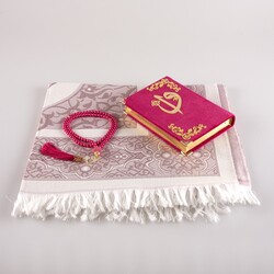 Prayer Mat + Salah Beads + Velvet Bound Quran Gift Set (Bag Size, Fuchsia Pink) - Thumbnail