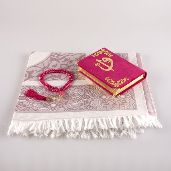 Prayer Mat + Salah Beads + Velvet Bound Quran Gift Set (Bag Size, Fuchsia Pink)