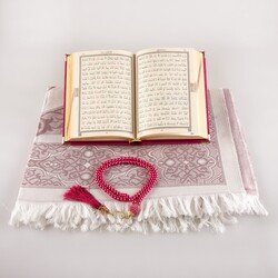 Prayer Mat + Salah Beads + Velvet Bound Quran Gift Set (Bag Size, Fuchsia Pink) - Thumbnail