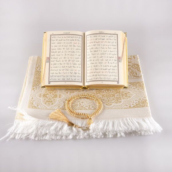 Prayer Mat + Salah Beads + Velvet Bound Quran Gift Set (Bag Size, Gold1)