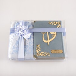 Prayer Mat + Salah Beads + Velvet Bound Quran Gift Set (Bag Size, Light Blue) - Thumbnail