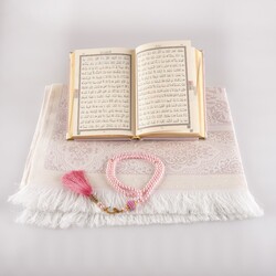 Prayer Mat + Salah Beads + Velvet Bound Quran Gift Set (Bag Size, Powder Pink) - Thumbnail