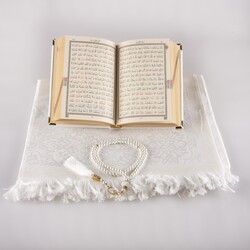 Prayer Mat + Salah Beads + Velvet Bound Quran Gift Set (Bag Size, White1) - Thumbnail