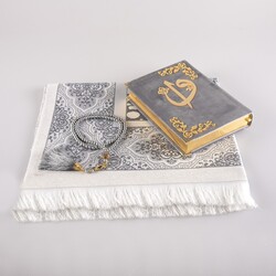 Prayer Mat + Salah Beads + Velvet Bound Quran Gift Set (Hafiz Size, Grey) - Thumbnail