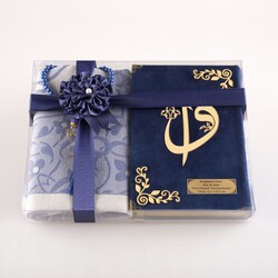 Prayer Mat + Salah Beads + Velvet Bound Quran Gift Set (Hafiz Size, Navy Blue) - Thumbnail