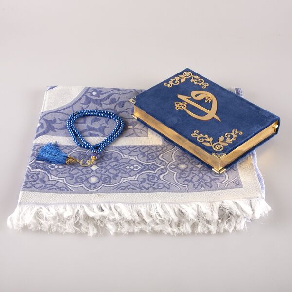 Prayer Mat + Salah Beads + Velvet Bound Quran Gift Set (Hafiz Size, Navy Blue)