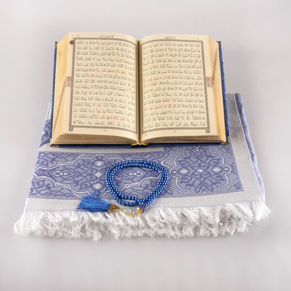 Prayer Mat + Salah Beads + Velvet Bound Quran Gift Set (Hafiz Size, Navy Blue)