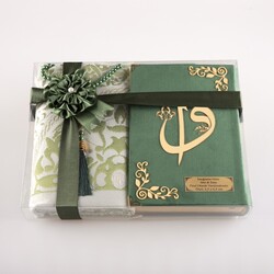 Prayer Mat + Salah Beads + Velvet Bound Quran Gift Set (Hafiz Size, Olive Green) - Thumbnail