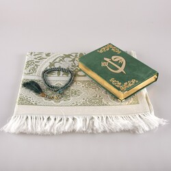 Prayer Mat + Salah Beads + Velvet Bound Quran Gift Set (Hafiz Size, Olive Green) - Thumbnail