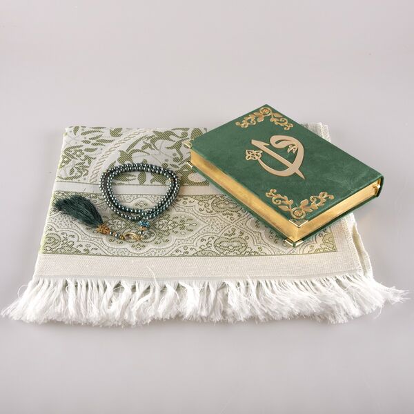 Prayer Mat + Salah Beads + Velvet Bound Quran Gift Set (Hafiz Size, Olive Green)