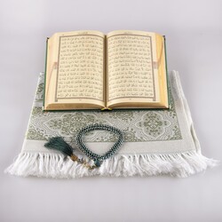 Prayer Mat + Salah Beads + Velvet Bound Quran Gift Set (Hafiz Size, Olive Green) - Thumbnail