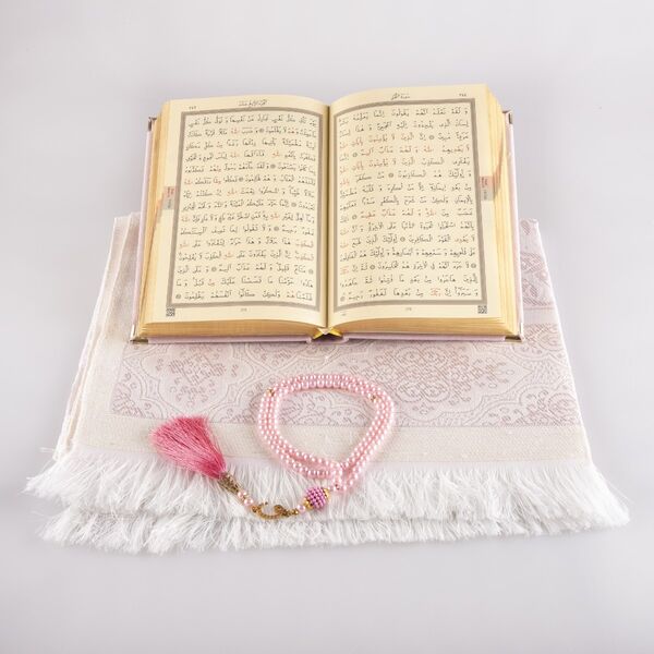 Prayer Mat + Salah Beads + Velvet Bound Quran Gift Set (Hafiz Size, Powder Pink)