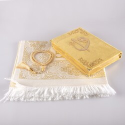 Prayer Mat + Salah Beads + Velvet Bound Quran Gift Set (Medium Size, Gold1) - Thumbnail