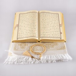 Prayer Mat + Salah Beads + Velvet Bound Quran Gift Set (Medium Size, Gold1) - Thumbnail