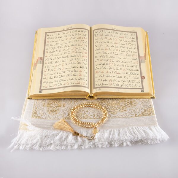 Prayer Mat + Salah Beads + Velvet Bound Quran Gift Set (Medium Size, Gold1)