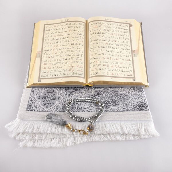 Prayer Mat + Salah Beads + Velvet Bound Quran Gift Set (Medium Size, Grey)