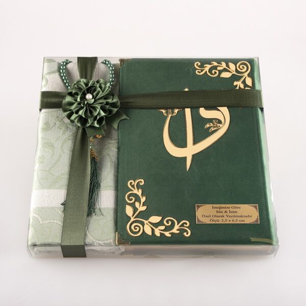 Prayer Mat + Salah Beads + Velvet Bound Quran Gift Set (Medium Size, Olive Green)