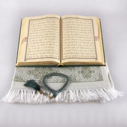 Prayer Mat + Salah Beads + Velvet Bound Quran Gift Set (Medium Size, Olive Green) - Thumbnail