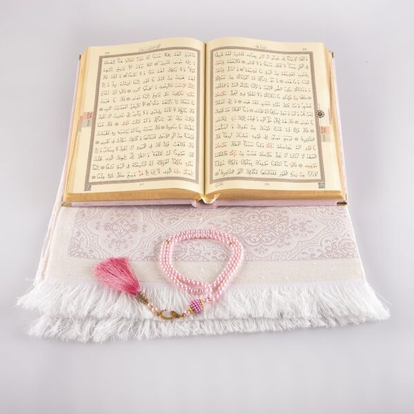 Prayer Mat + Salah Beads + Velvet Bound Quran Gift Set (Medium Size, Powder Pink)