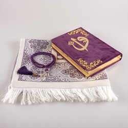 Prayer Mat + Salah Beads + Velvet Bound Quran Gift Set (Medium Size, Purple) - Thumbnail