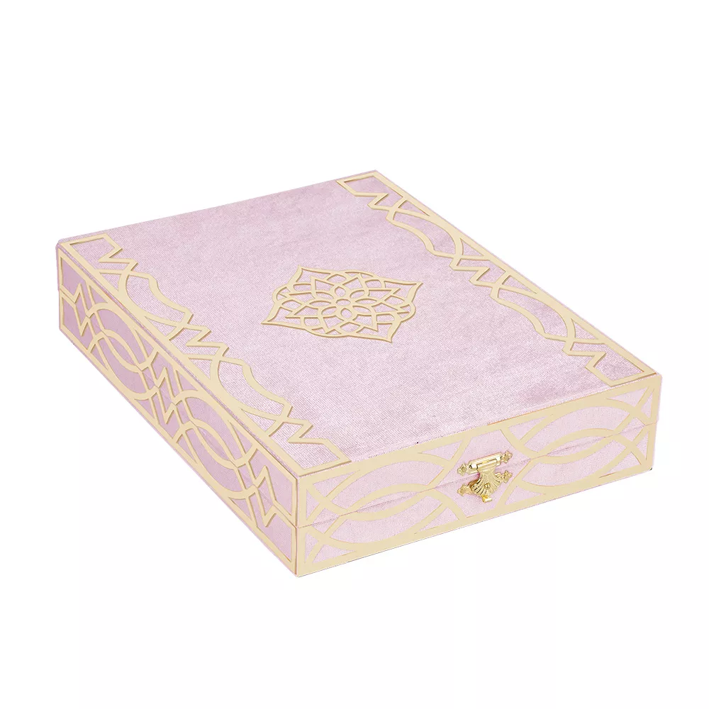 Qur'an Al-Kareem With Velvet Box (Hafiz Size, Alif  Waw Cover, Pink) - Thumbnail