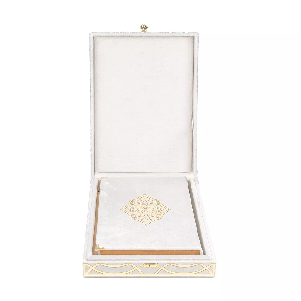 Qur'an Al-Kareem With Velvet Box (Medium Size, Rose Figured, Navy Blue) - Thumbnail