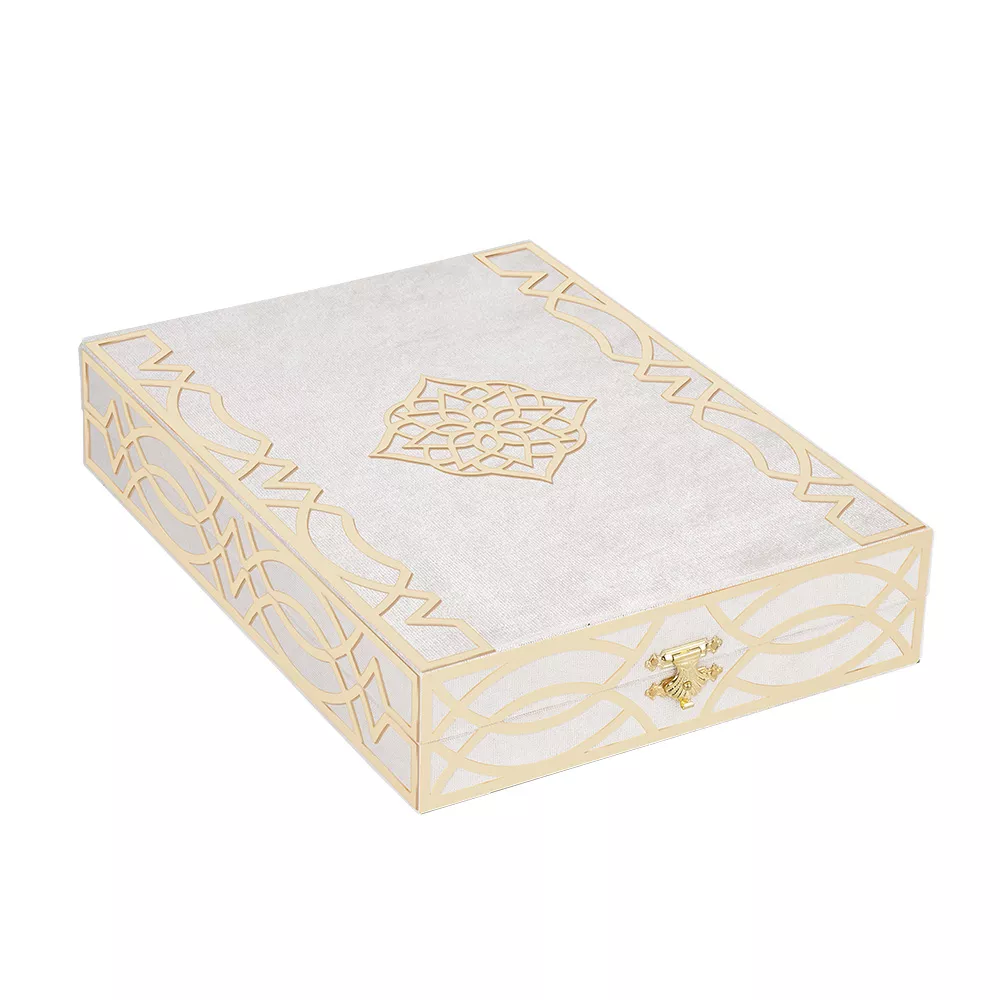 Qur'an Al-Kareem With Velvet Box (Medium Size, Rose Figured, Navy Blue) - Thumbnail