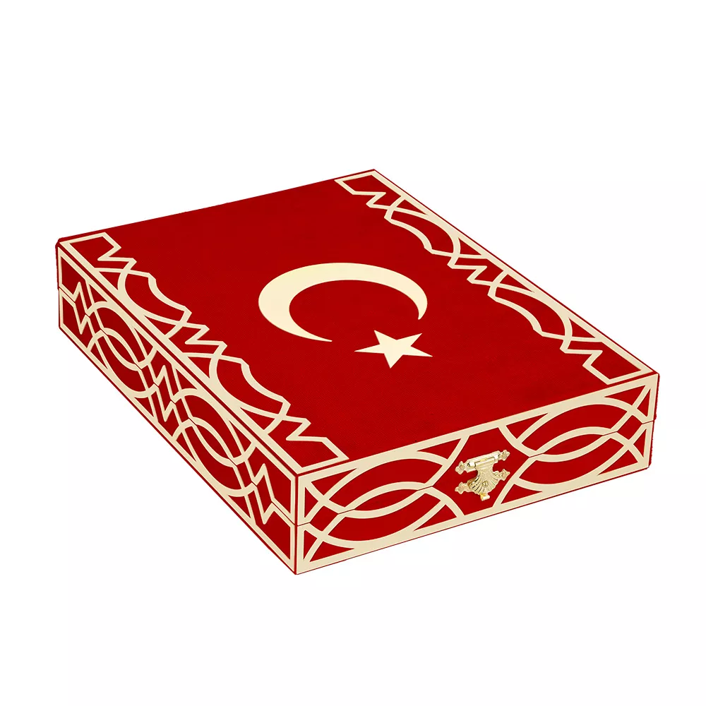 Qur'an Al-Kareem With Velvet Box (Medium Size, Rose Figured, Red) - Thumbnail