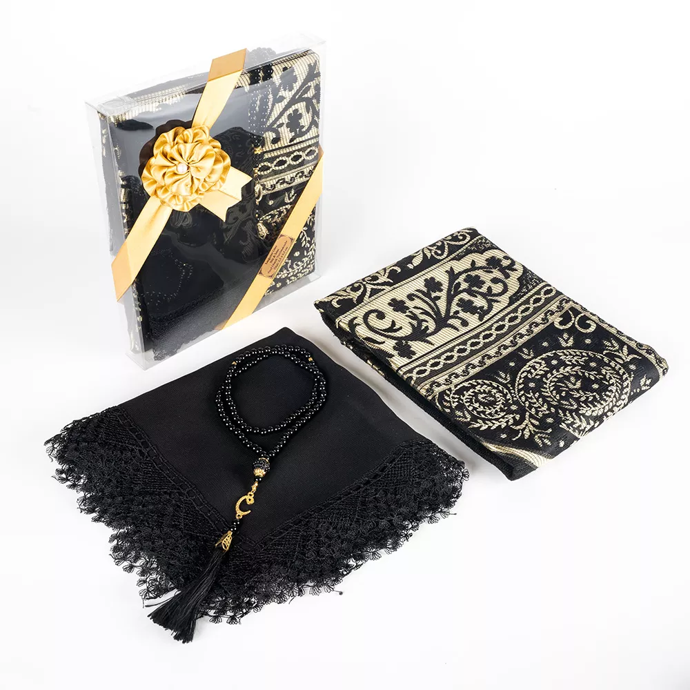 Salah Beads + Prayer Mat + Shawl Set (Black) - Thumbnail