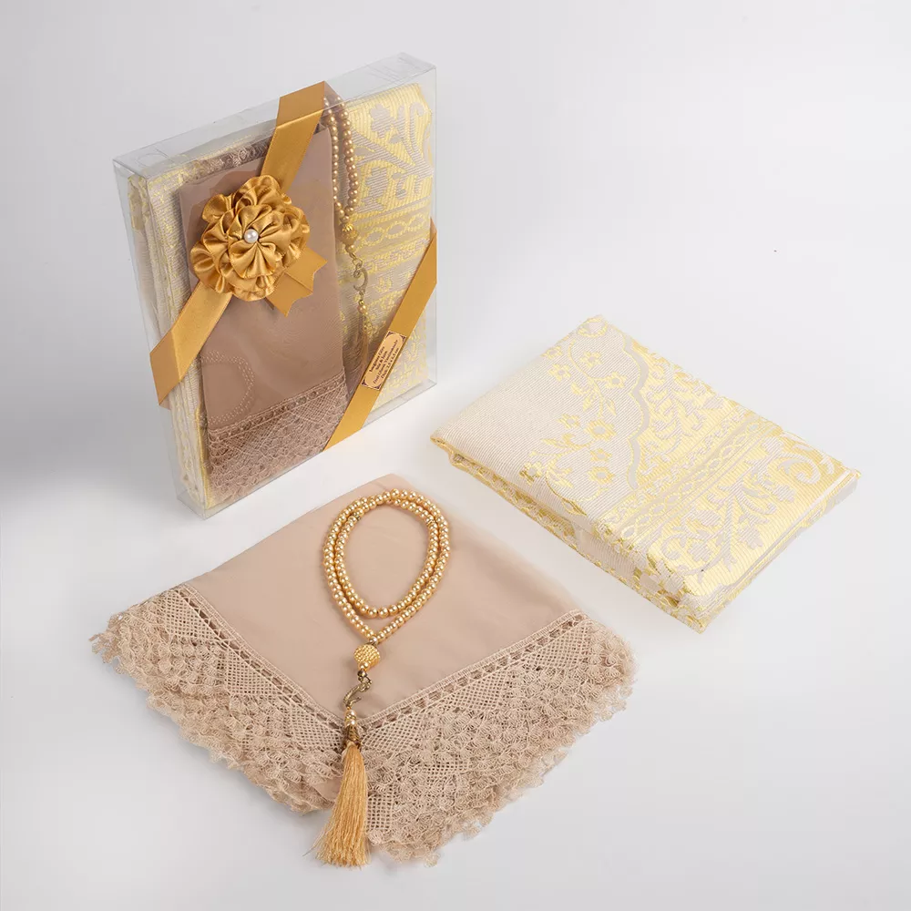 Salah Beads + Prayer Mat + Shawl Set (Gold) - Thumbnail