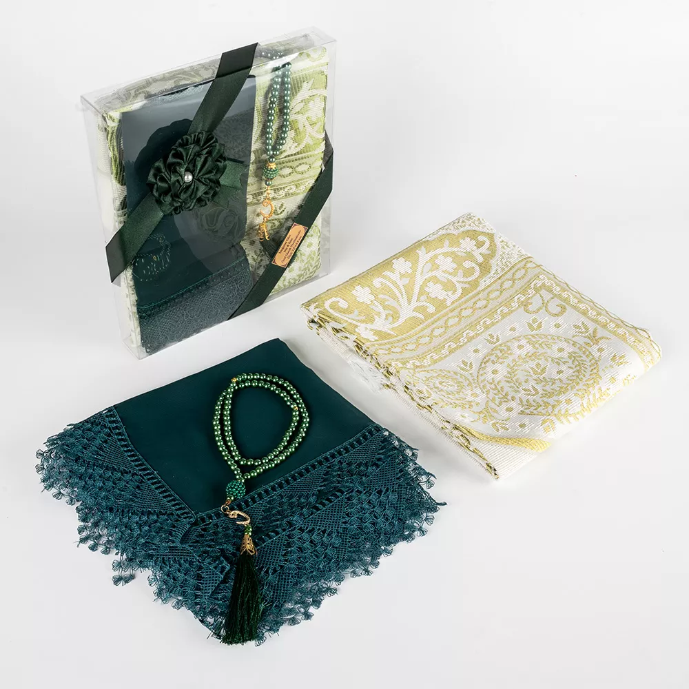 Salah Beads + Prayer Mat + Shawl Set (Green) - Thumbnail