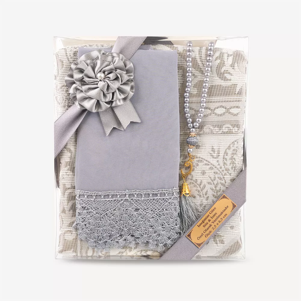 Salah Beads + Prayer Mat + Shawl Set (Grey) - Thumbnail