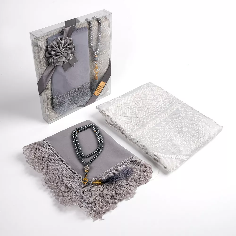 Salah Beads + Prayer Mat + Shawl Set (Grey) - Thumbnail