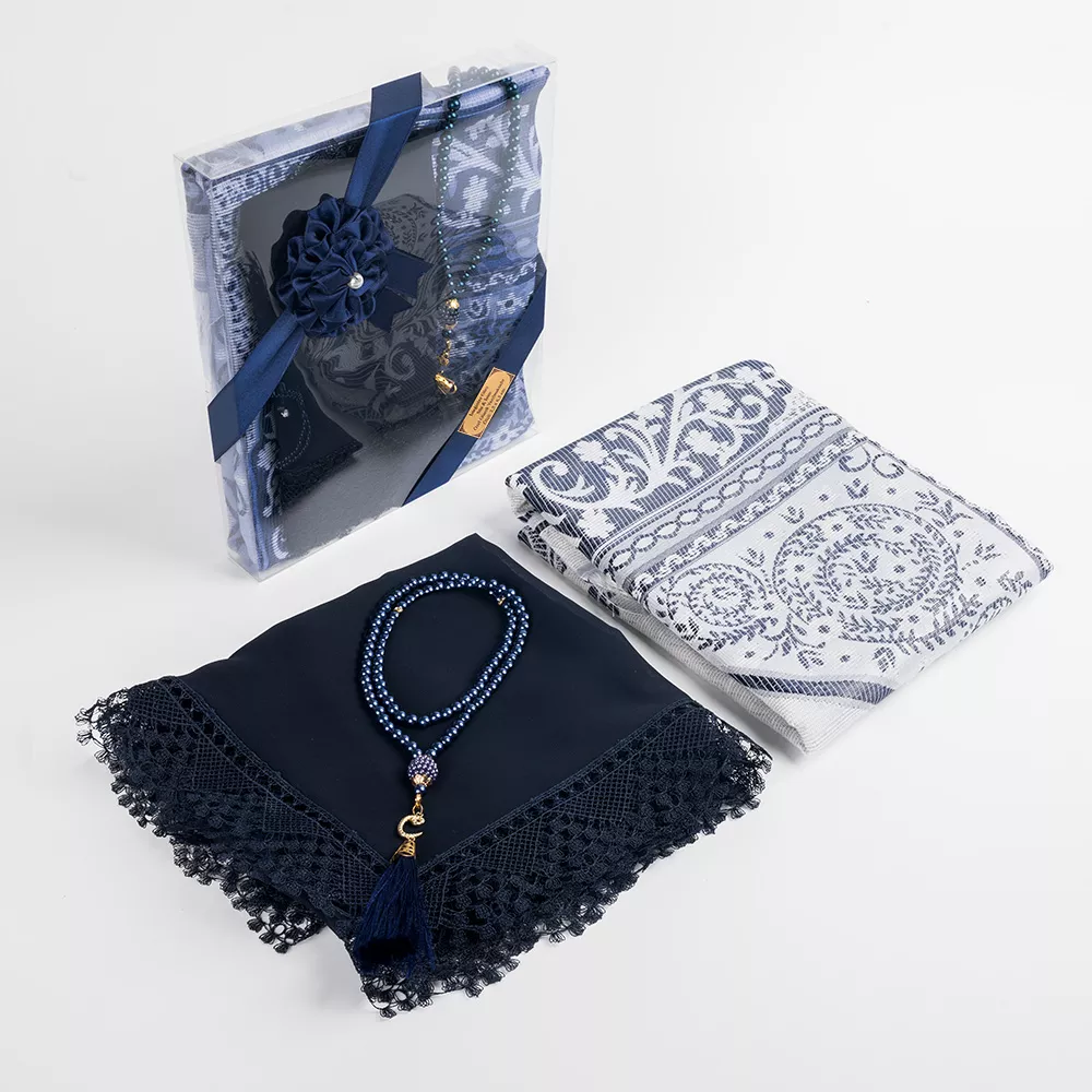 Salah Beads + Prayer Mat + Shawl Set (Navy Blue) - Thumbnail