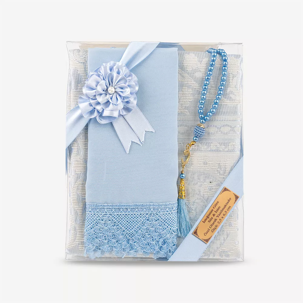 Salah Beads + Prayer Mat + Shawl Set (Powder Blue) - Thumbnail