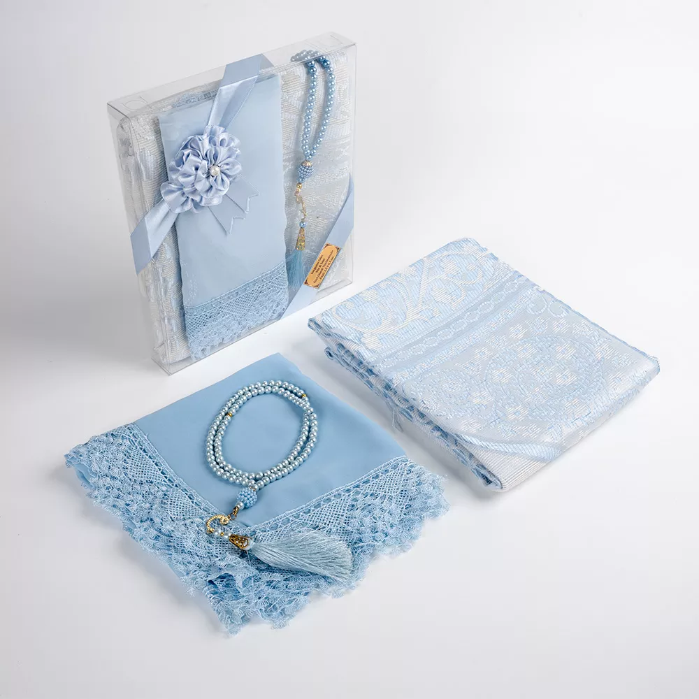 Salah Beads + Prayer Mat + Shawl Set (Powder Blue) - Thumbnail