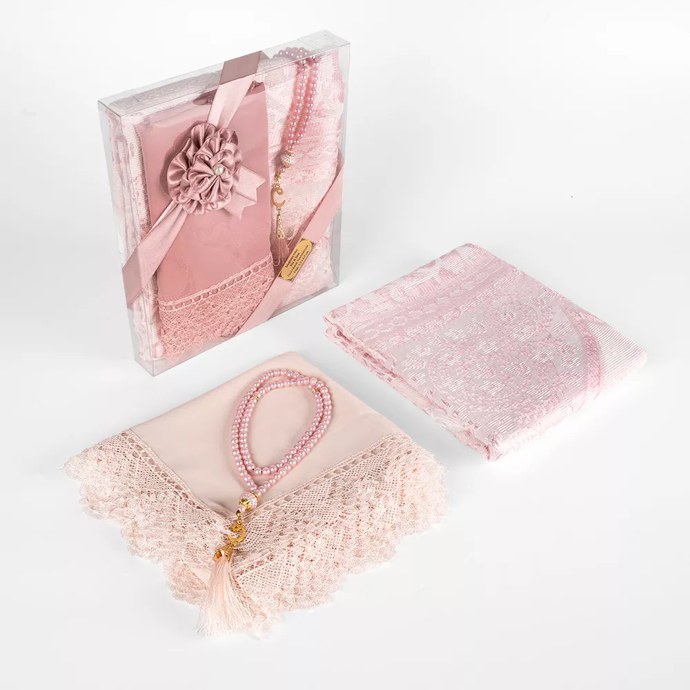 Salah Beads + Prayer Mat + Shawl Set (Powder Pink) - Thumbnail