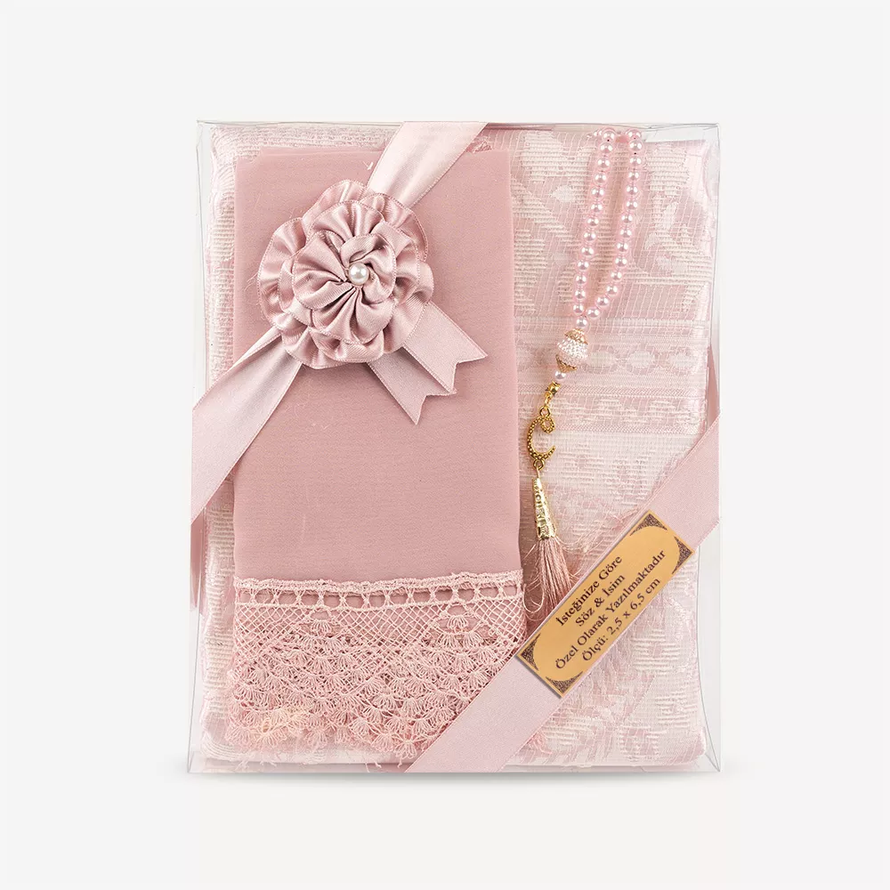 Salah Beads + Prayer Mat + Shawl Set (Powder Pink) - Thumbnail