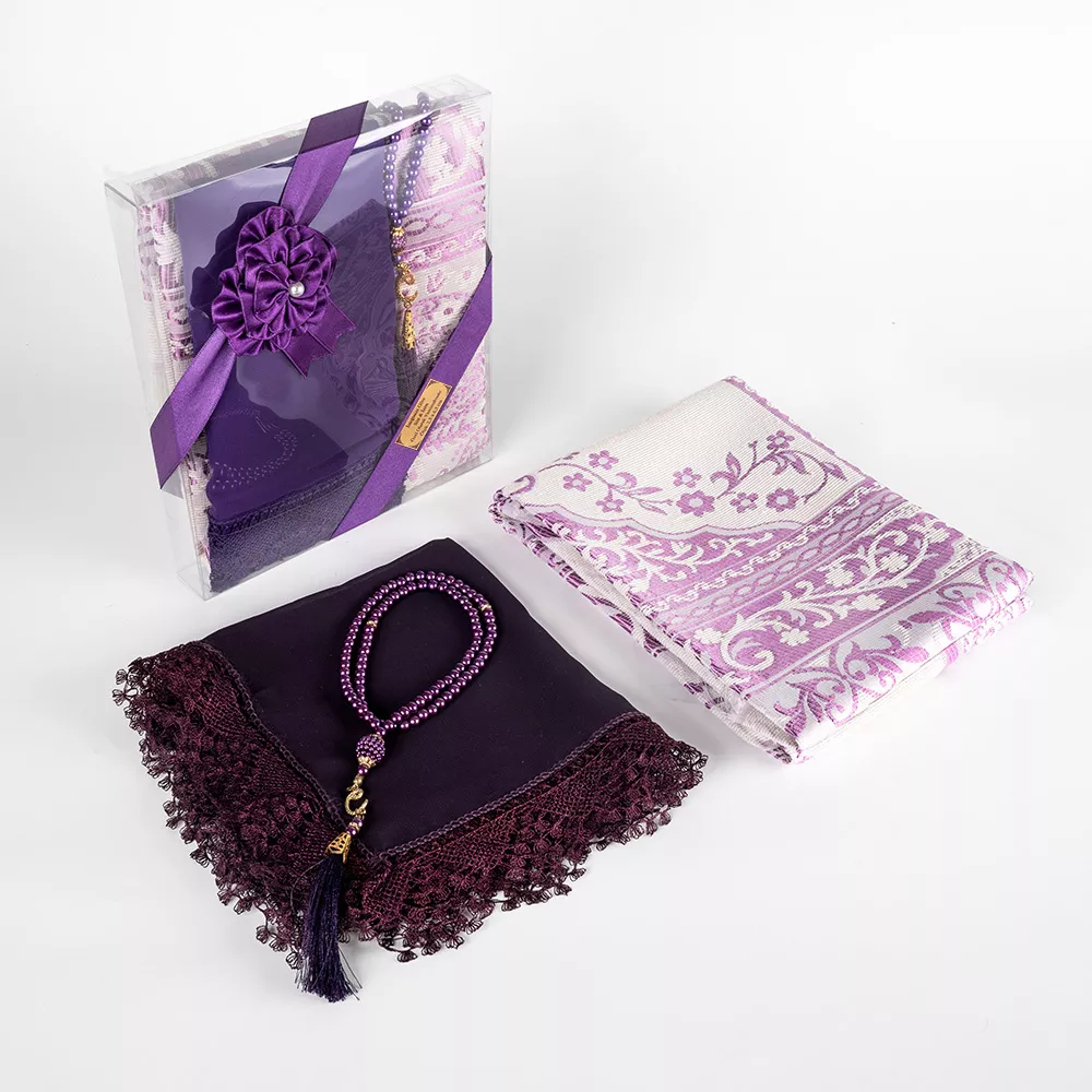 Salah Beads + Prayer Mat + Shawl Set (Purple) - Thumbnail